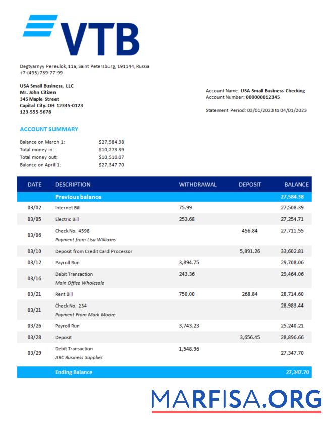 Realistic VTB Bank firm account statement Word and PDF template